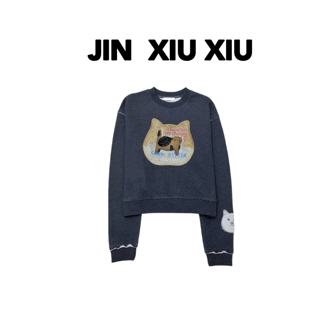 JINXIUXIU【深圳出品】136秋冬新款刺绣字母猫猫头卫衣设计师休闲