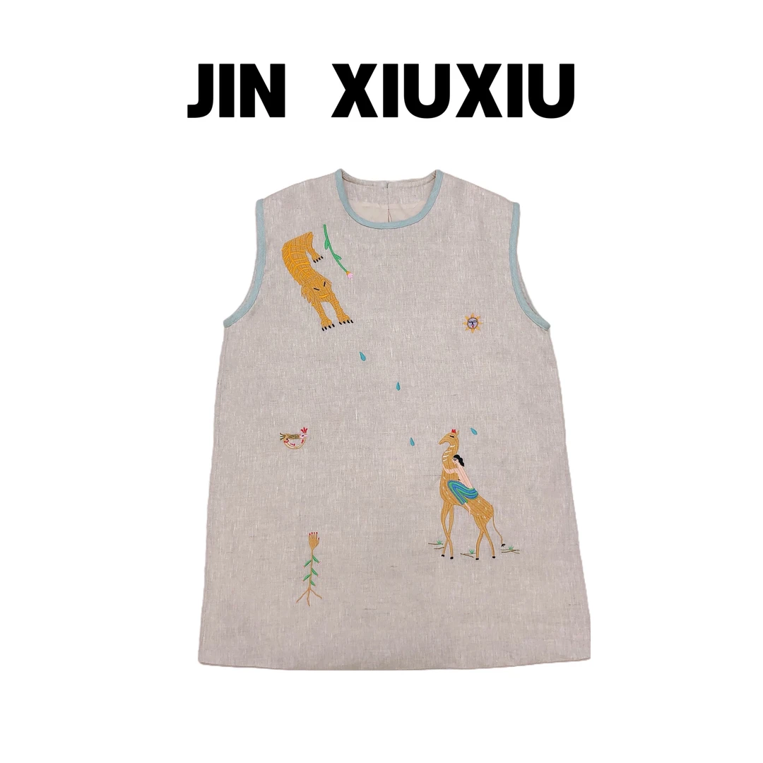 【金秀秀】【五彩祥鹿】【法国进口100亚麻】【深圳出品】572刺绣连衣裙