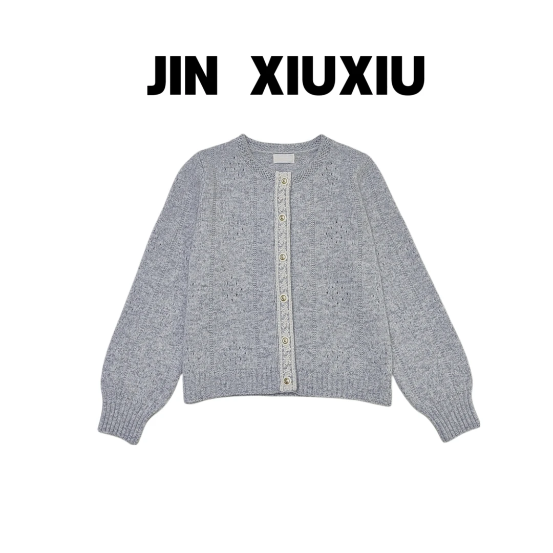 【金秀秀】【韩系欧尼100羊毛】1387秋冬新款镂空蕾丝拼接针织开衫