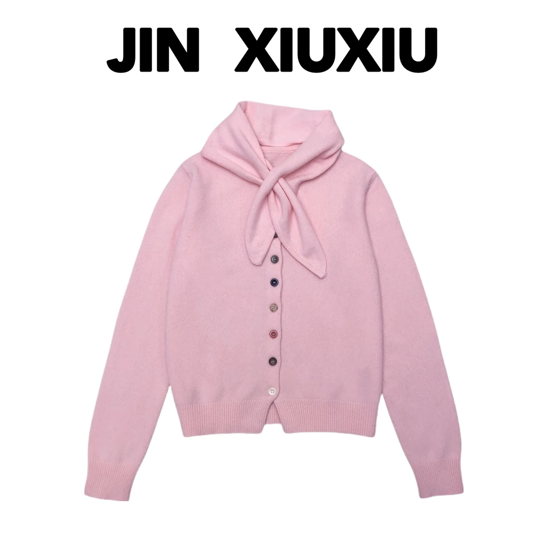 【金秀秀】【深圳出品】1446秋冬新款圆领带领巾纯色毛衣开衫