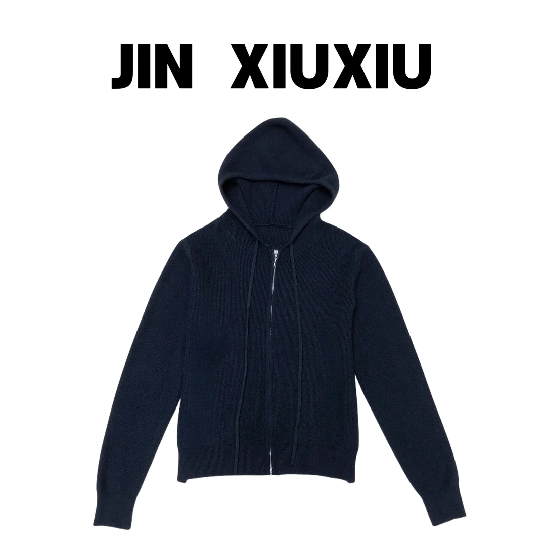 【金秀秀】651韩国东大门新款连帽双头拉链外套纯色针织衫