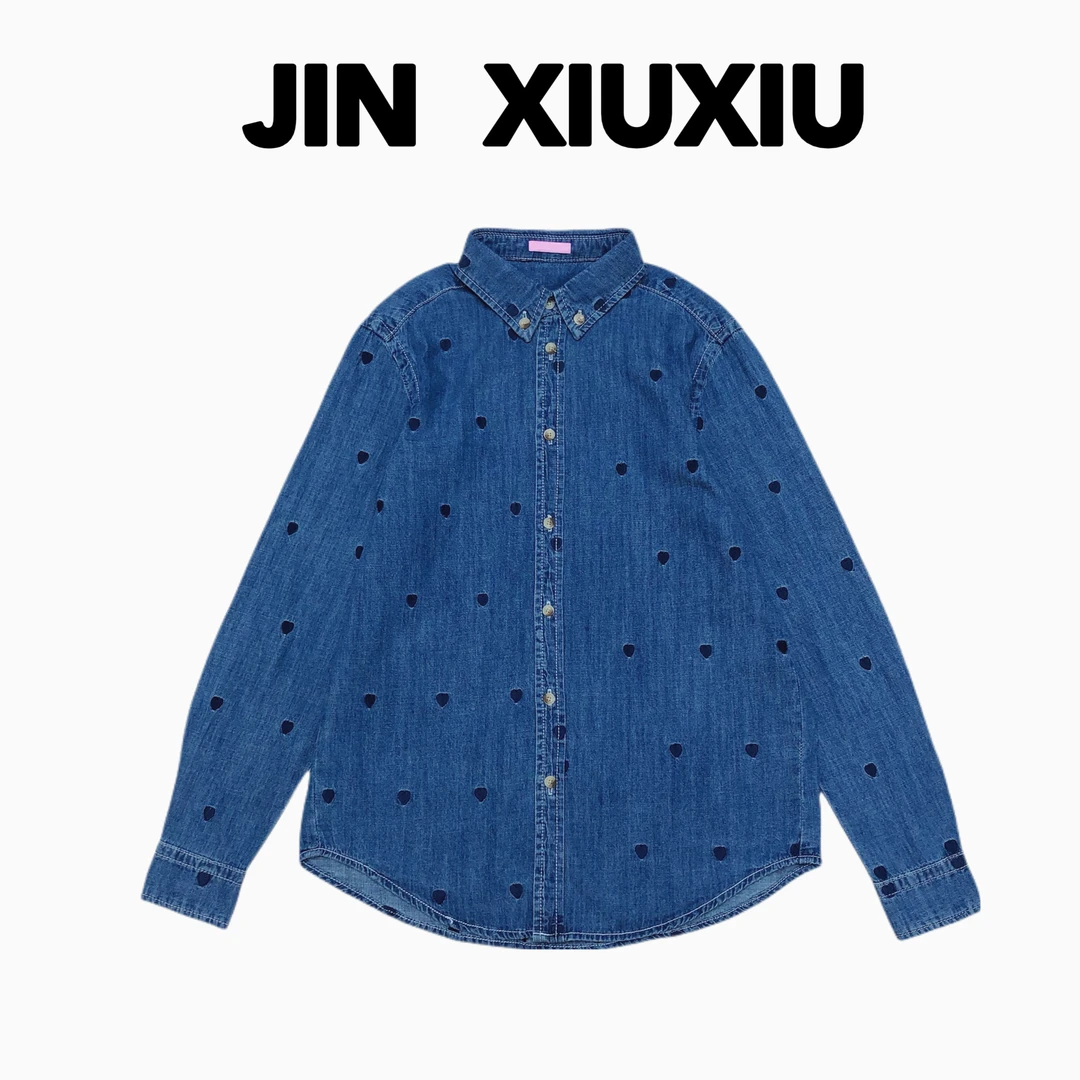 JINXIUXIU 春季新款蓝色爱心刺绣软韩系甜美牛仔外套 544