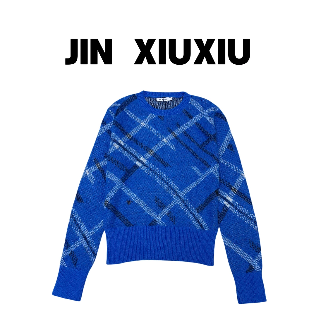 【金秀秀】【蓝纹】1458韩国东大门新款克莱因蓝圆领套头针织衫