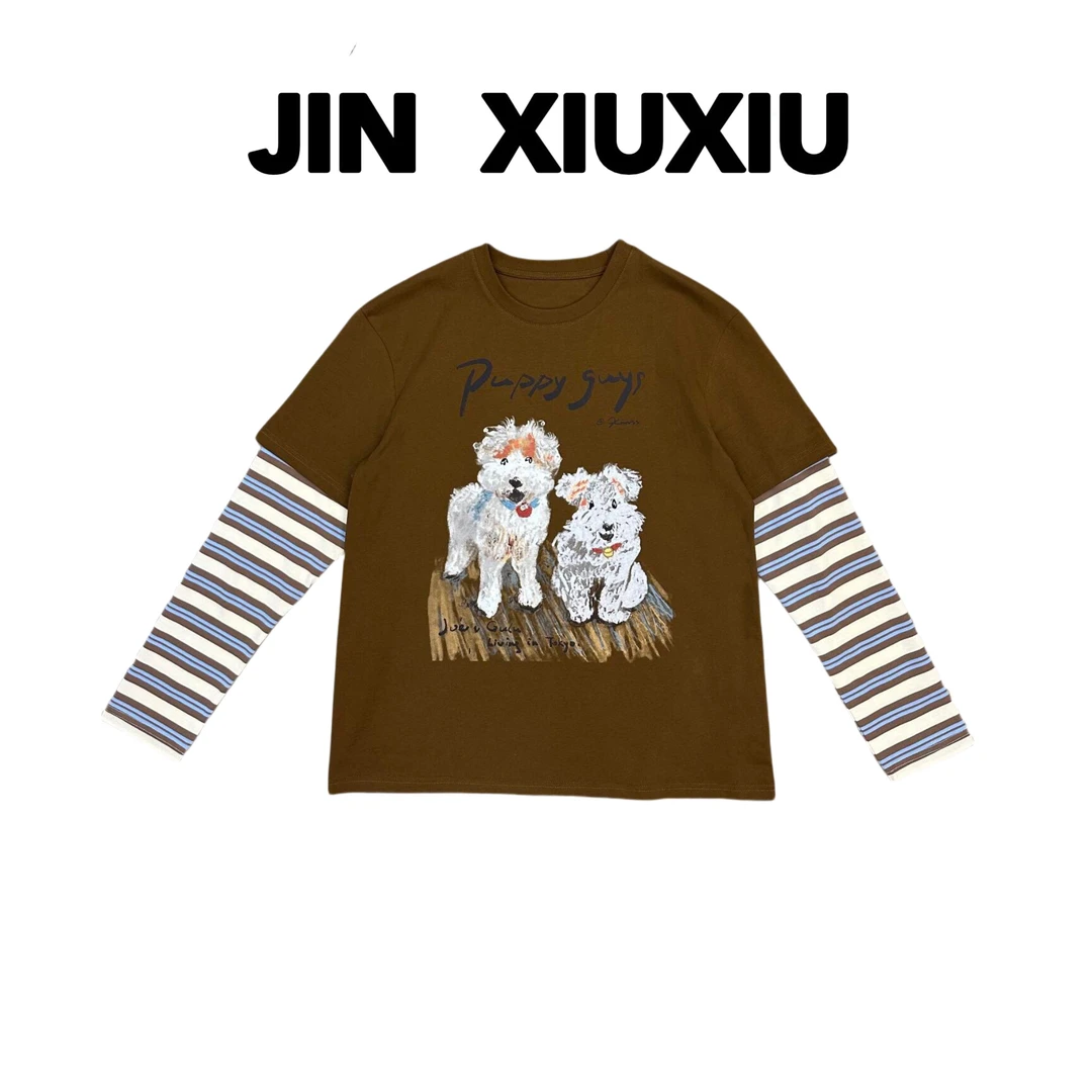 JINXIUXIU 新款卡通假两件条纹韩系甜美卫衣1307