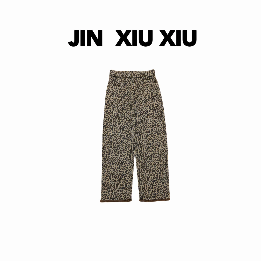 【金秀秀】【豹纹加绒】【深圳出品】1240秋冬新款连腰带豹纹休闲裤