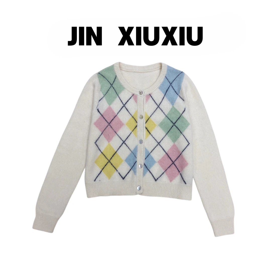 【金秀秀】【菱格学院】【浣熊羊毛】268韩国东大门新款彩色开衫毛衣