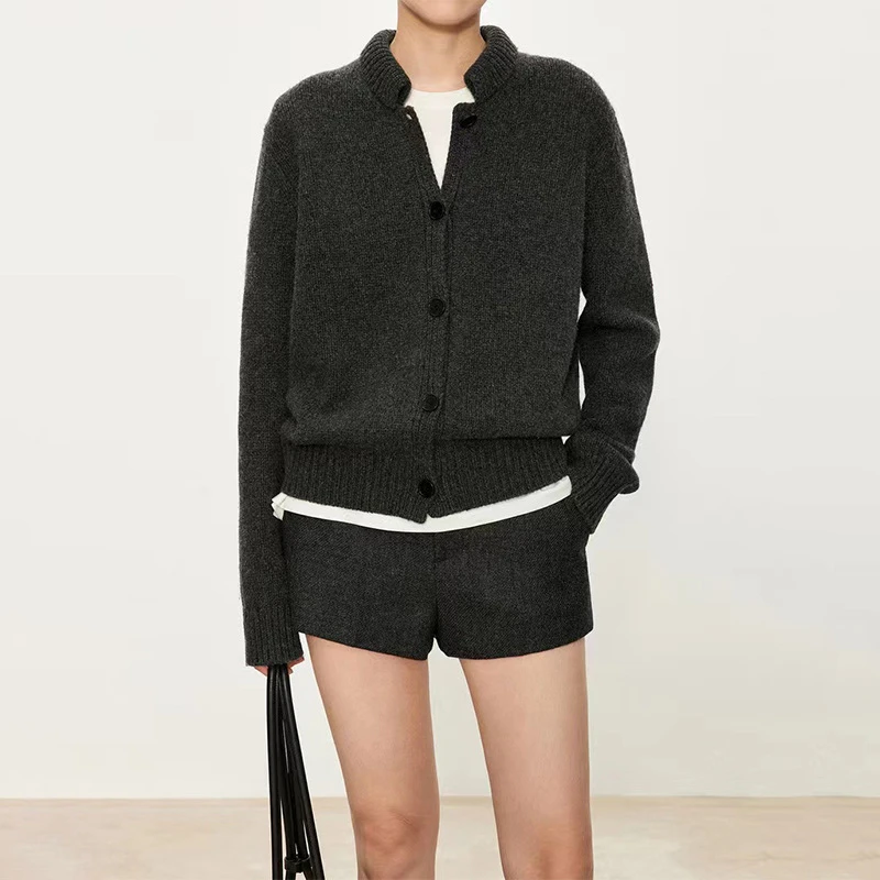 【100绵羊毛】秋冬复古简约老钱风小立领夹克式针织开衫