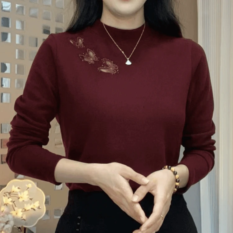 秋季新款半高领纯色蝴蝶烫钻精品气质洋气时尚减龄显瘦长袖小衫