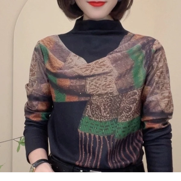 52210秋冬新款设计感假围巾T恤半高领长袖时尚百搭简约女士小衫