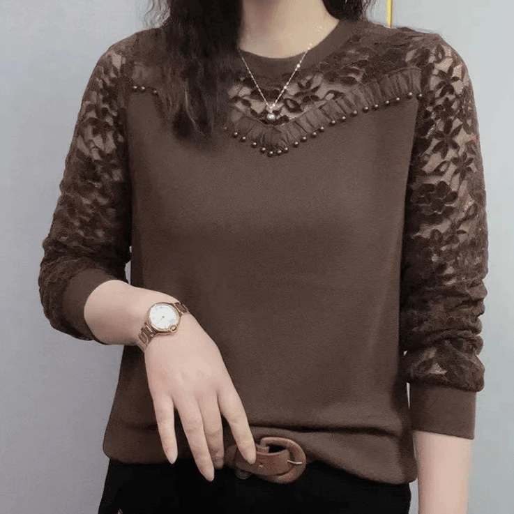 2024秋季新款时尚洋气显瘦蕾丝小衫百搭圆领气质打底衫长袖上衣