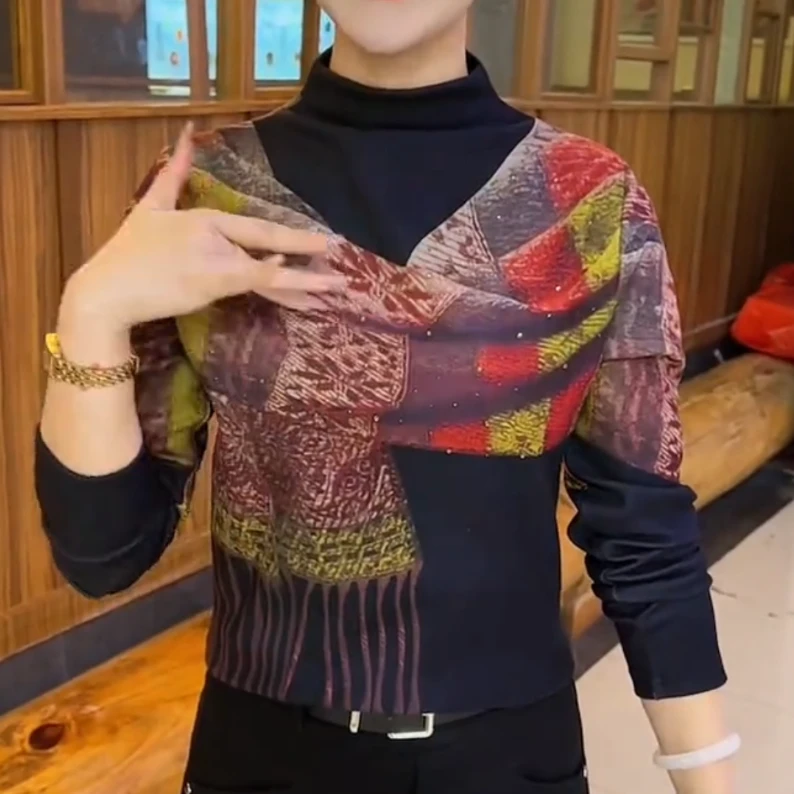 秋冬季时尚洋气2024精选新品半高领假围巾烫钻百搭显瘦小衫P6213