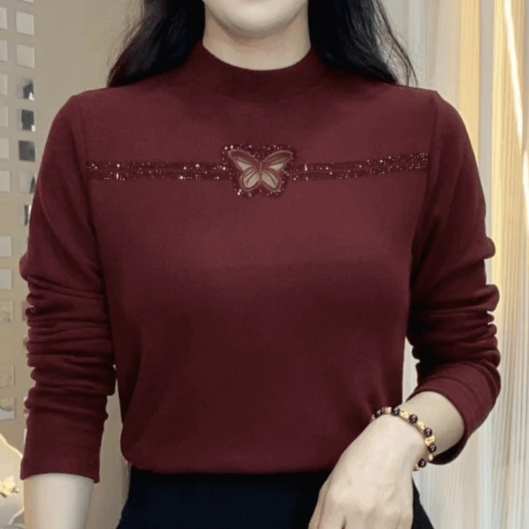 秋冬新款半高领蝴蝶镂空烫钻设计显瘦百搭气质减龄洋气时尚打底衫