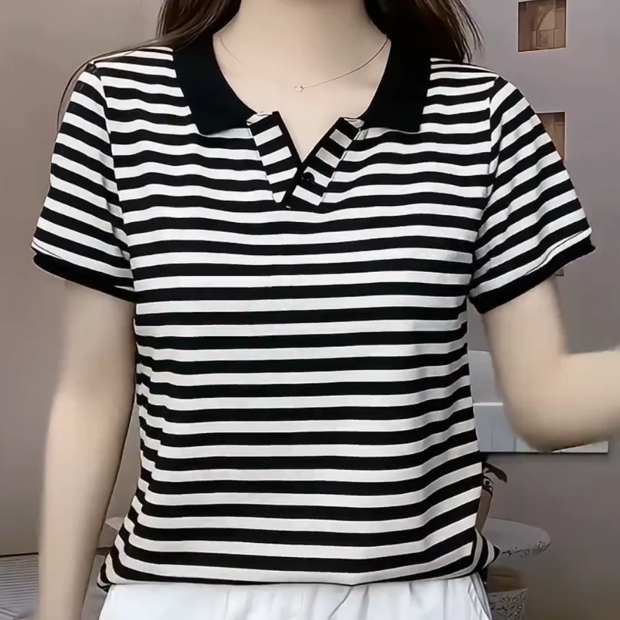 夏季新款polo领条纹纯色精品休闲春季减龄洋气百搭短袖t恤小衫