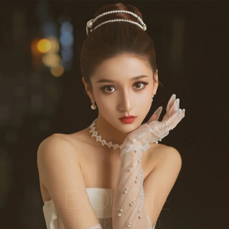 韩式仙仙婚纱手套新娘结婚礼服长款全指珍珠纱手套白色纱钉珠配件