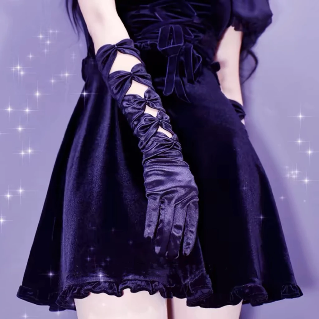 暗黑洛丽塔蝴蝶结缎面手套镂空长款手套女哥特风朋克袖套舞台手袖