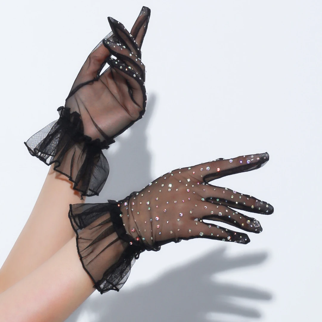 洛丽塔黑色复古手套薄款花边带钻短筒法式赫本风礼服短款丝袜手套