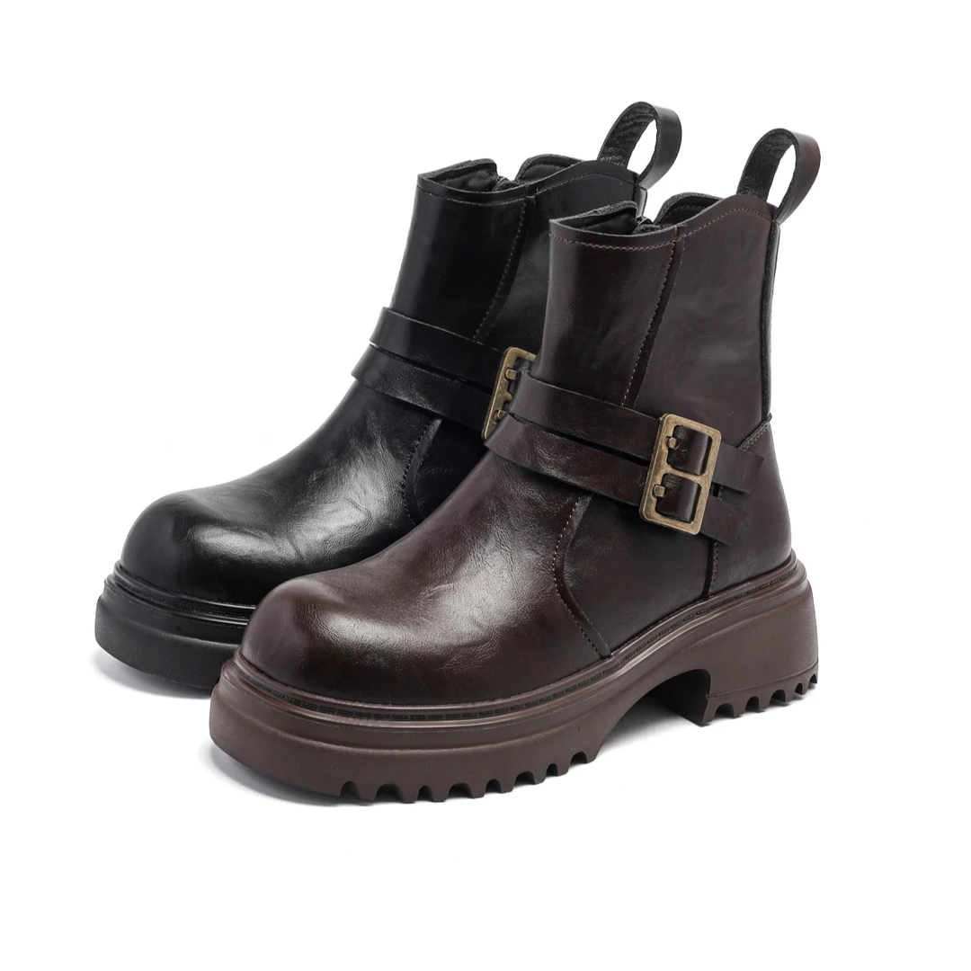 [大美专属]马丁靴厚底短靴2025新款春季皮带牛仔靴骑士靴子H75