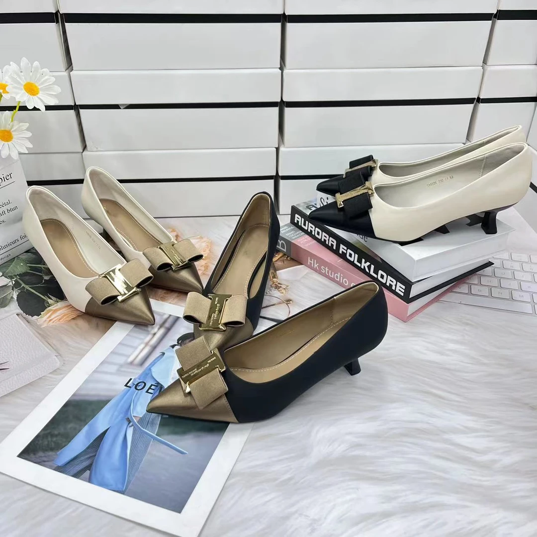 浅口单鞋女中跟秋季新款时尚高跟细跟尖头真皮女鞋 Y 检 6186