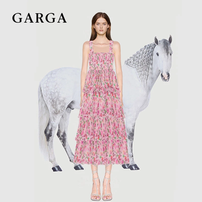 GARGA海边度假粉色碎花吊带连衣裙女甜美蛋糕裙修身压褶背心长裙
