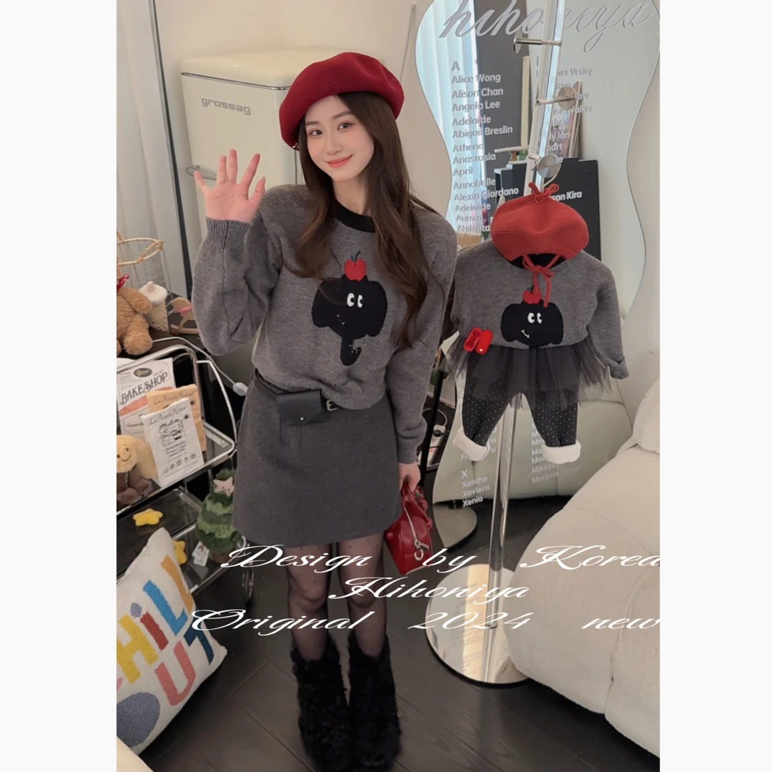 Q【小黑象&搭配】二Hihoniya~2024冬季亲子显瘦小黑象韩版保暖毛衣