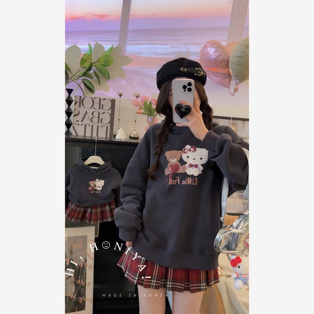 现【kitty猫】Hihoniya~2023秋冬新品卡通图案连帽加绒亲子卫衣韩版