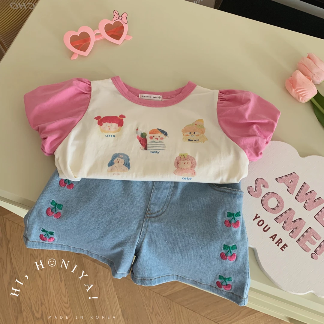 【xian】Hihoniya~【端午】2023新品卡通粉色泡泡袖T恤宝宝韩版百搭