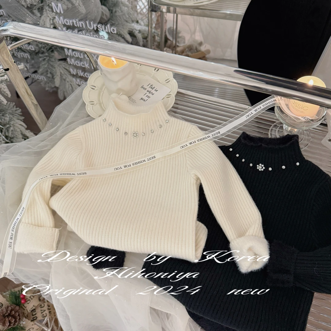 【钉钻毛衣】二Hihoniya~2024冬季宝宝钉钻纯色半高领韩版重工毛衣