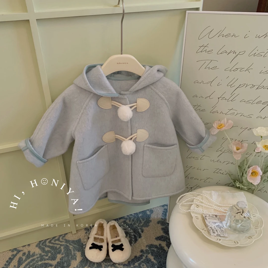 【初恋宝宝款】二Hihoniya~2024秋冬蓝色毛球扣连帽宝宝韩版大衣