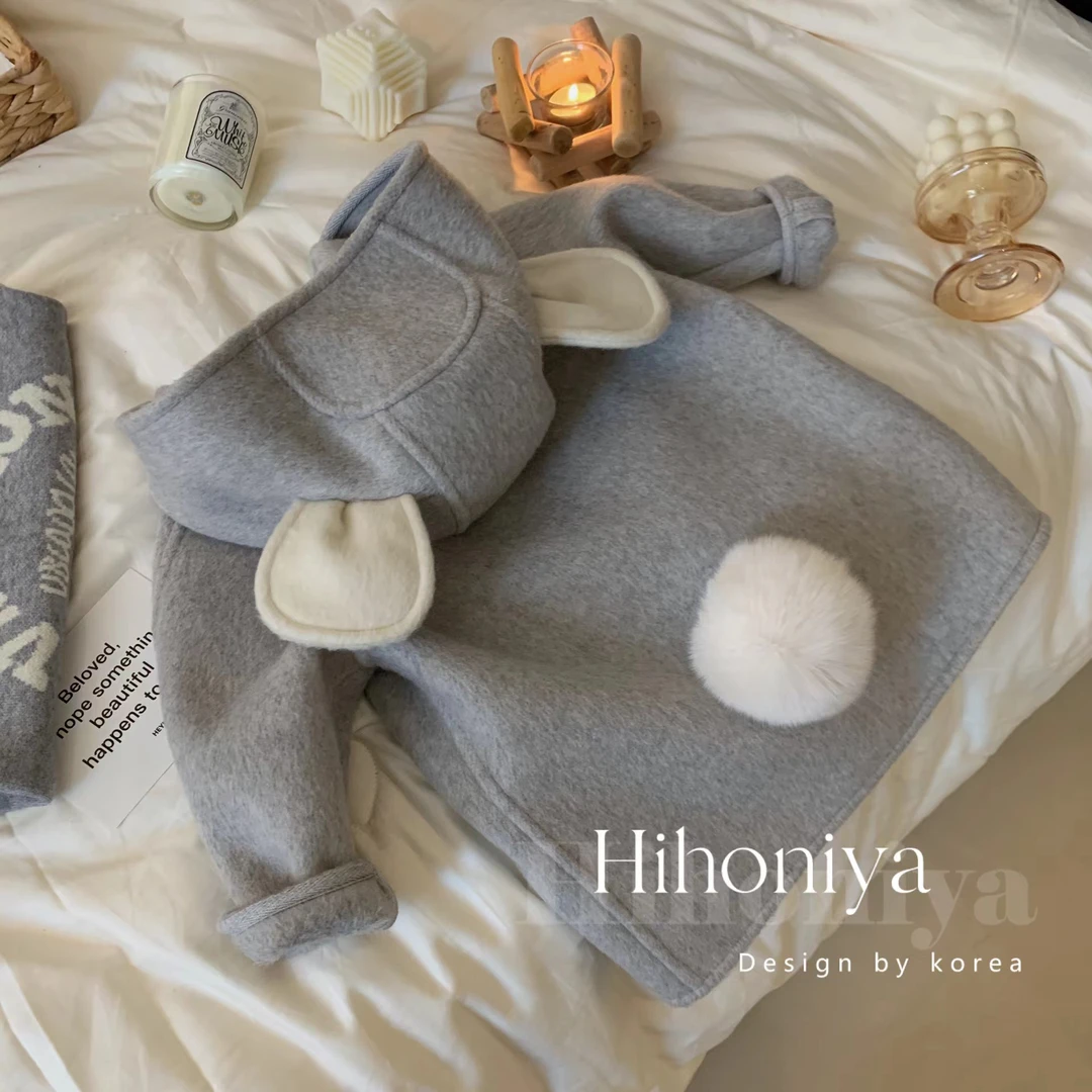 现【考拉2.0】Hihoniya~2023秋冬韩版连帽立体耳朵毛球儿童大衣