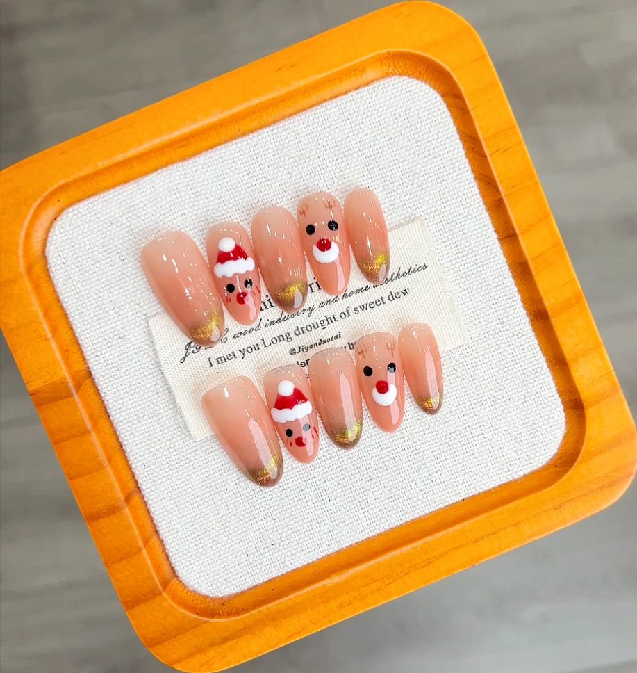 【圣诞麋鹿】珍珍手工穿戴甲圣诞元素手绘麋鹿法式猫眼可拆卸美甲