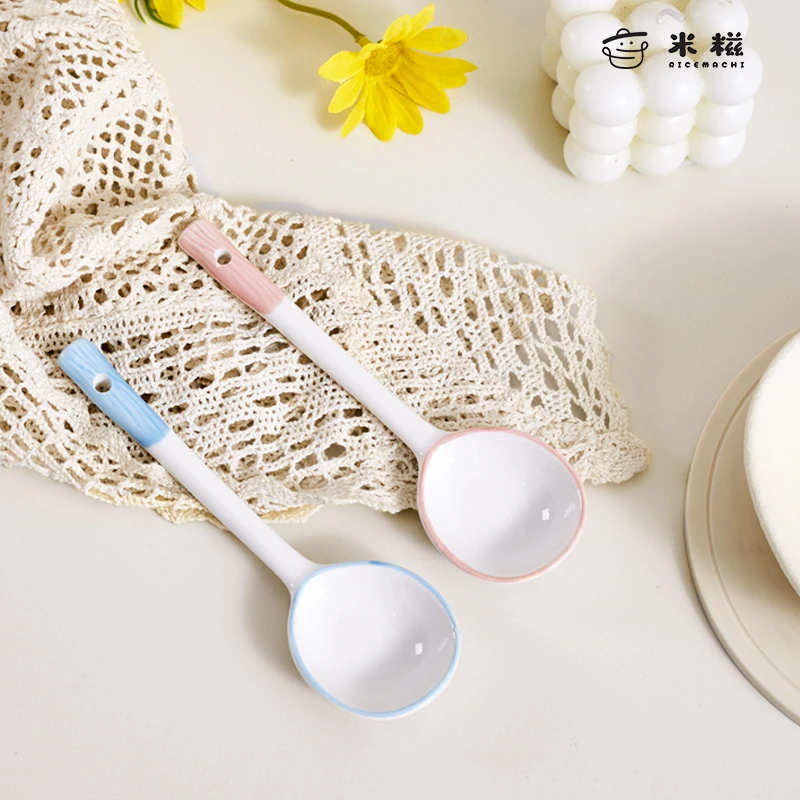米糍陶瓷长柄汤勺精致家用调羹ins风高颜值汤匙创意个性小勺子