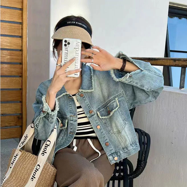 2024春装新款早秋小香风毛须边牛仔外套女短款长袖宽松时尚夹克潮