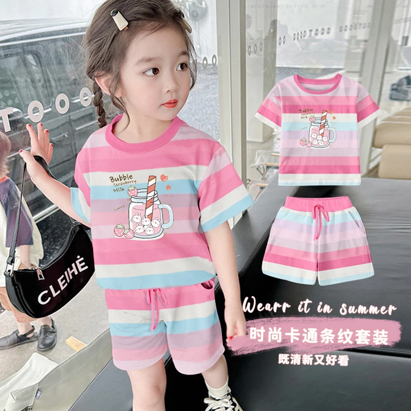 新款2026夏季短袖t恤条纹套装女童时尚中小童洋气半袖上衣短裤潮