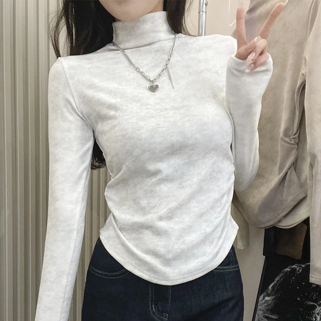 秋冬新款正肩半高领修身褶皱收腰扎染长袖设计感德绒内搭上衣打底