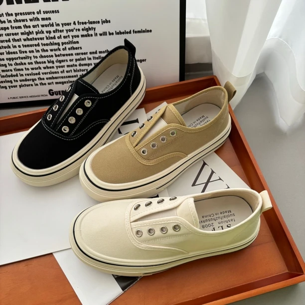 厚底松紧一脚蹬软底帆布鞋女2024夏季新款百搭透气小白鞋休闲板鞋