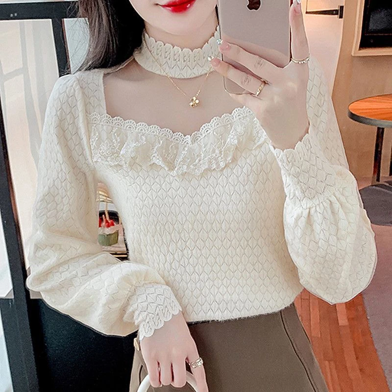 半高领网纱拼接蕾丝内搭2025秋冬新款加绒秋季木耳边洋气显瘦上衣