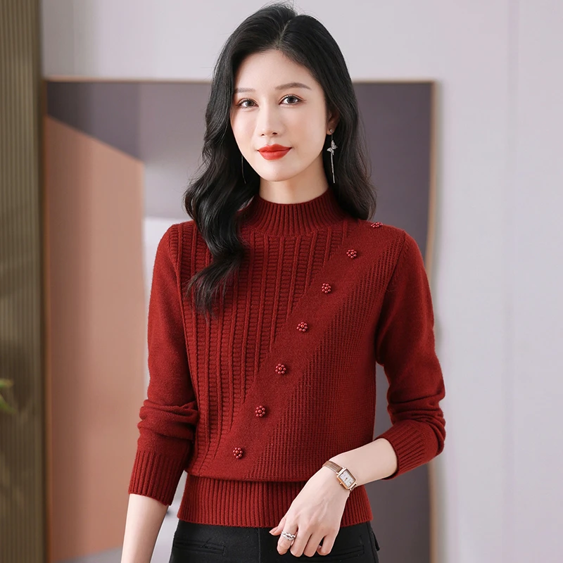 安哥拉红高端羊毛衫女秋冬加厚提花毛衣高档打底衫女气质百搭上衣