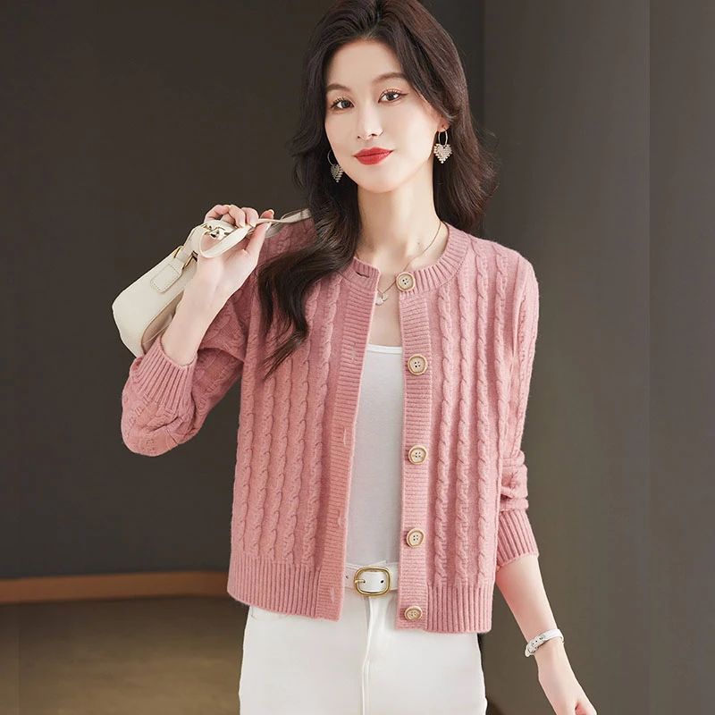 小个子春秋圆领小香风短款毛衣开衫时尚显瘦高档针织衫外套女上衣