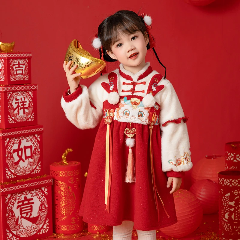 汉服女童龙年拜年服冬装宝宝中国风喜庆加绒过年服女孩古风连衣裙