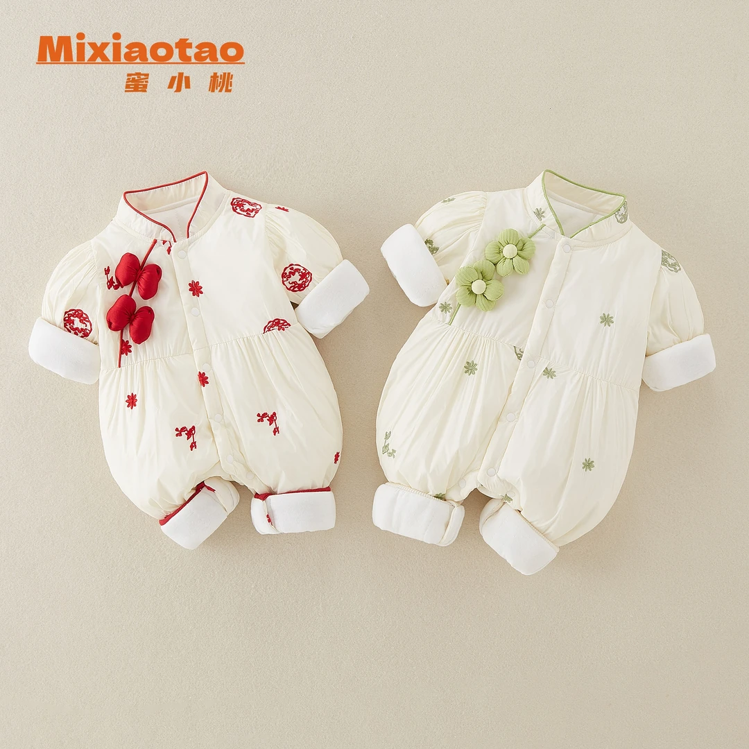 秋冬款120克棉花好月圆婴儿宝宝国风民族风连体哈衣爬爬服新生儿