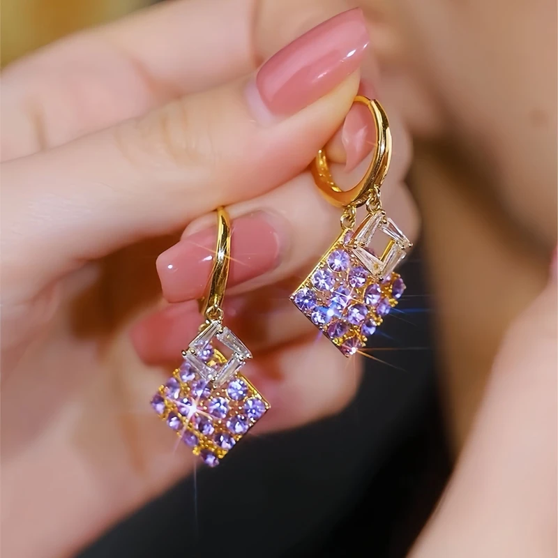 合金耳饰 轻奢紫色几何菱形满钻耳环气质百搭耳钉小众耳扣高级感
