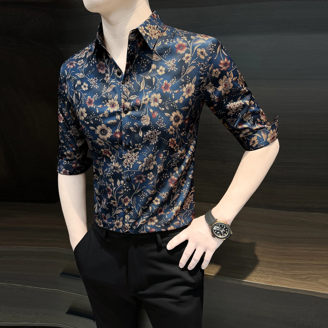 男士短袖花衬衫秋季痞帅高级感爆款2025新款男款修身印花中袖衬衣