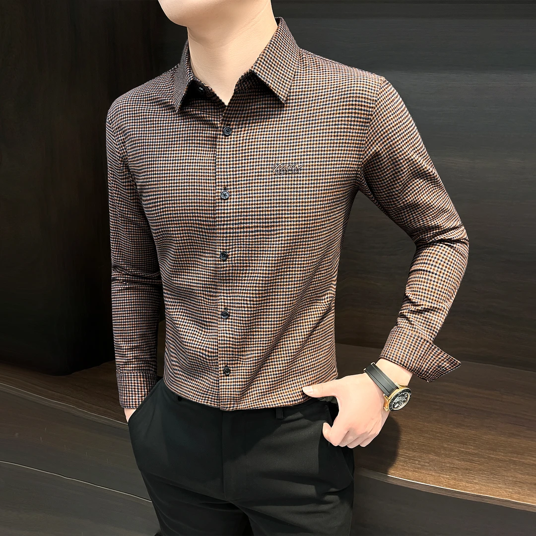 格子长袖衬衫男款2024新款秋装痞帅高级感商务休闲修身款男士衬衣