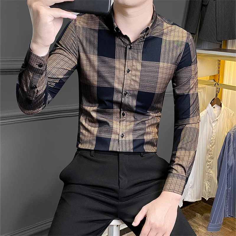 大方格长袖衬衫男款2025新款痞帅高级感商务休闲男装上衣男士衬衣