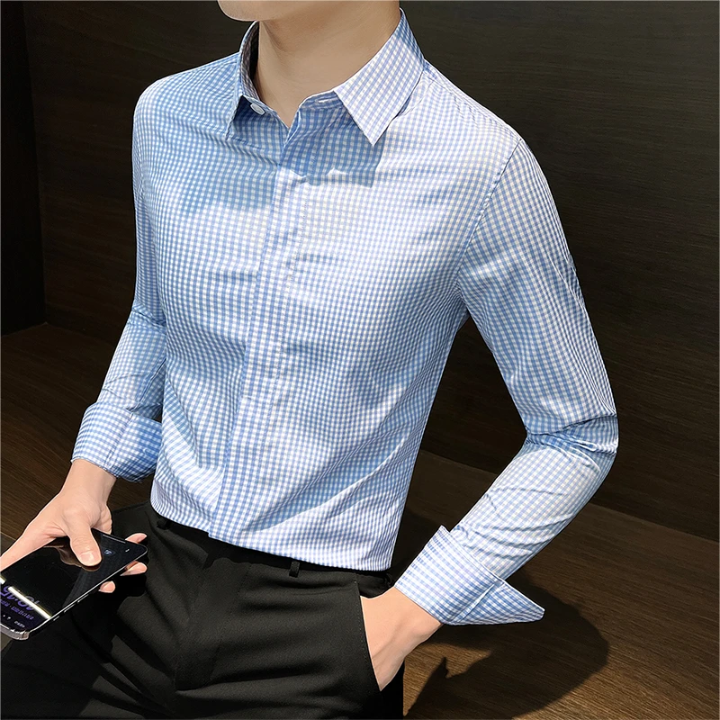 格子衬衫男士春秋休闲长袖商务修身寸衣内搭2025新款早春男款衬衣