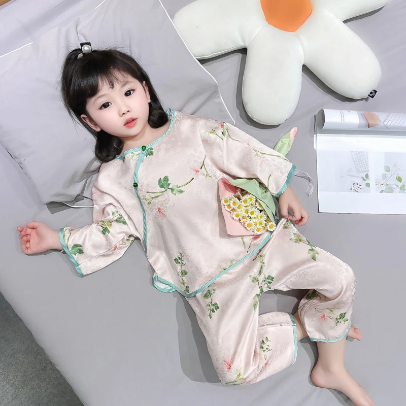 女童睡衣夏季薄款冰丝复古公主女孩长袖儿童中国风套装宝宝家居服
