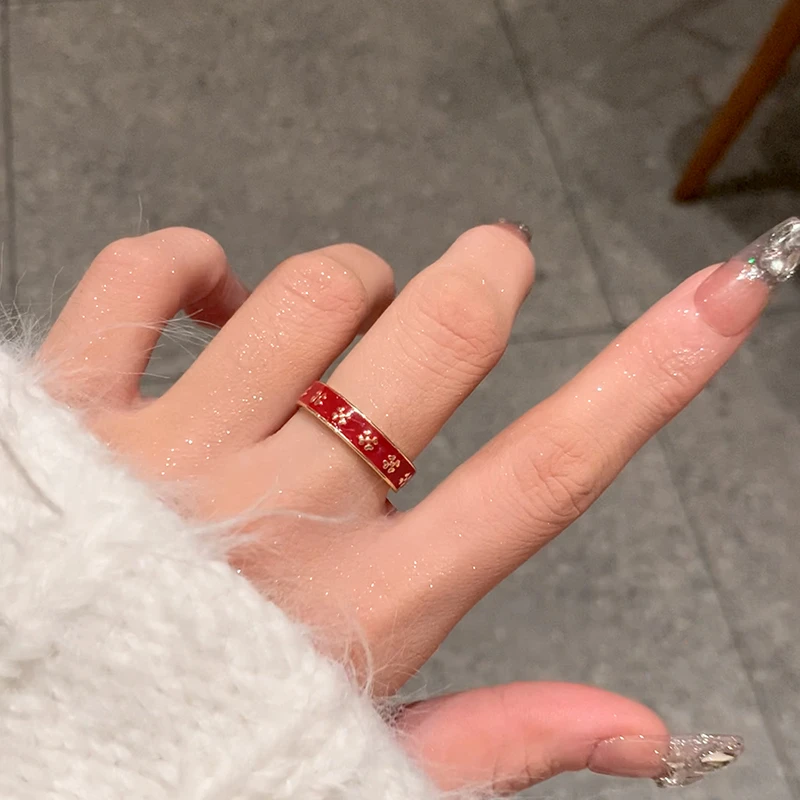 铜合金戒指 红色珐琅女款戒指复古小众四叶草素圈戒指环时尚手饰