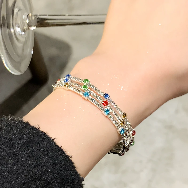 铜合金手链 彩色三层方形锆石手环高级感轻奢手饰多层叠戴手环女