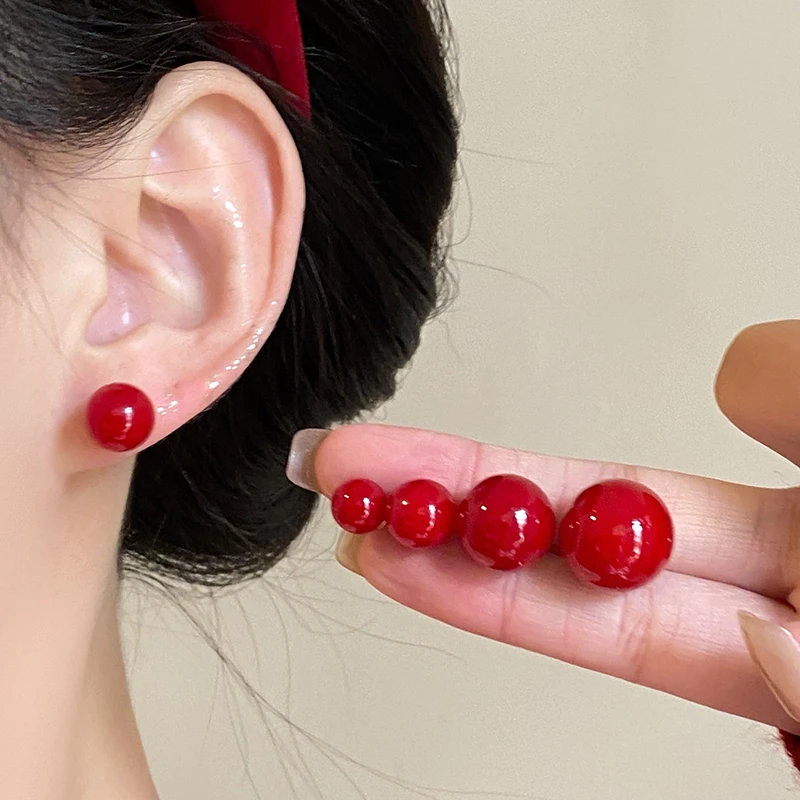 铜合金耳饰 s925银针耳饰女红色豆豆耳钉爆款设计高级感独特秋冬