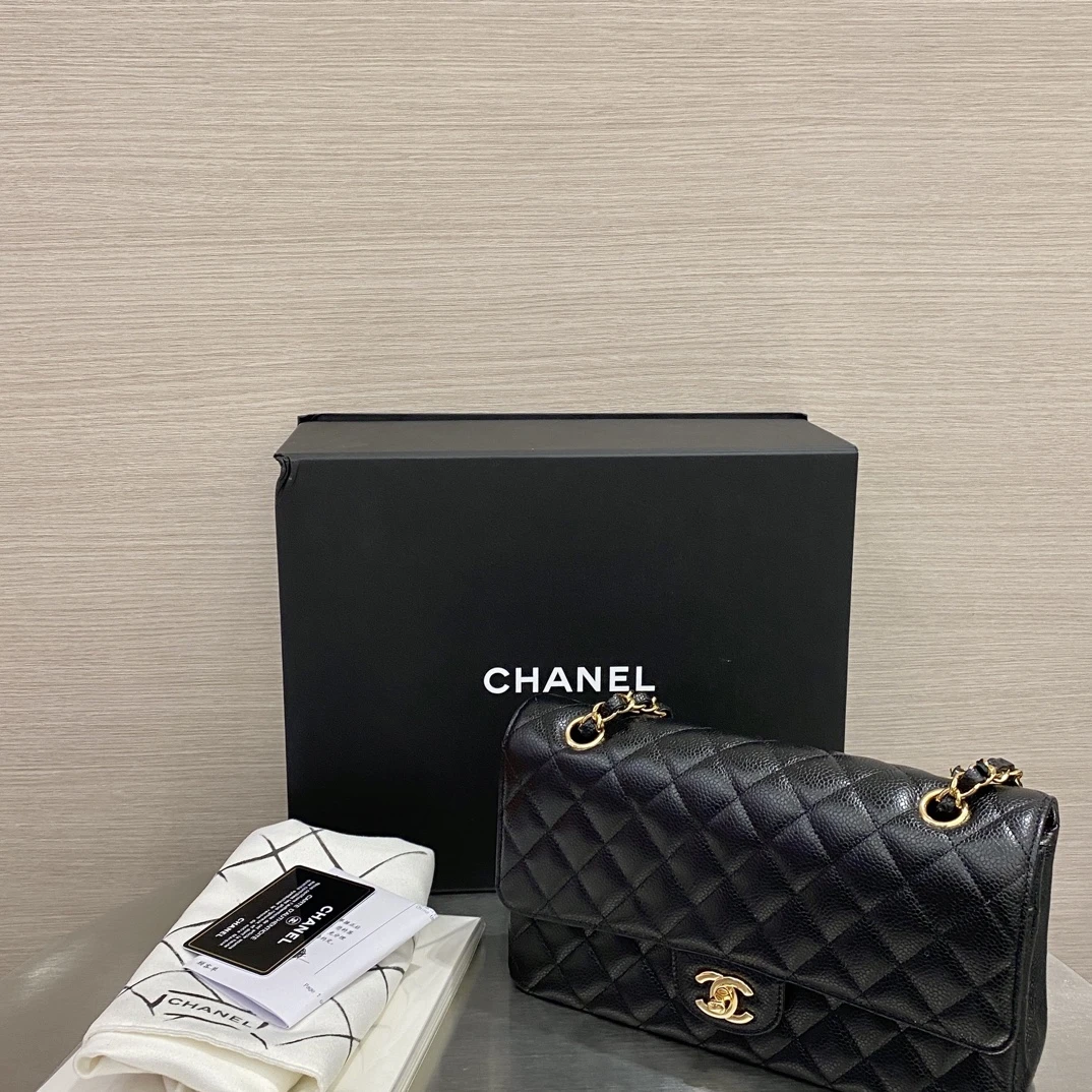 99新 Chanel/香奈儿 CF 中号 黑金荔枝牛皮 29开